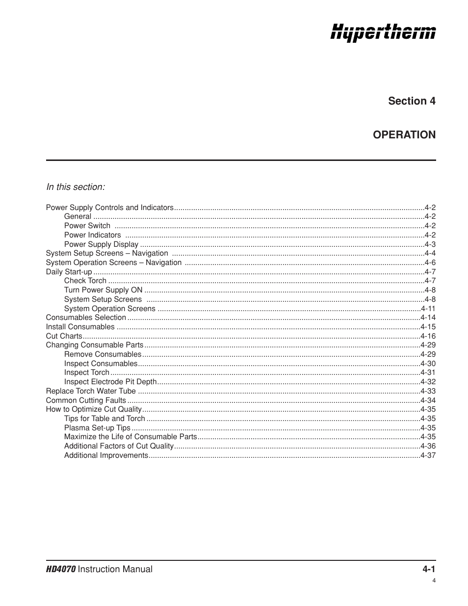 Section 4 operation, Section 4, Operation -1 | Hypertherm HD4070 Rev.8 User Manual | Page 111 / 278