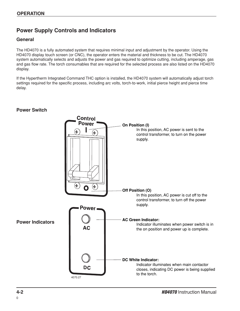 Power supply controls and indicators -2, General -2 power switch -2 power indicators -2, Power supply controls and indicators | Hypertherm HD4070 Rev.8 User Manual | Page 112 / 278