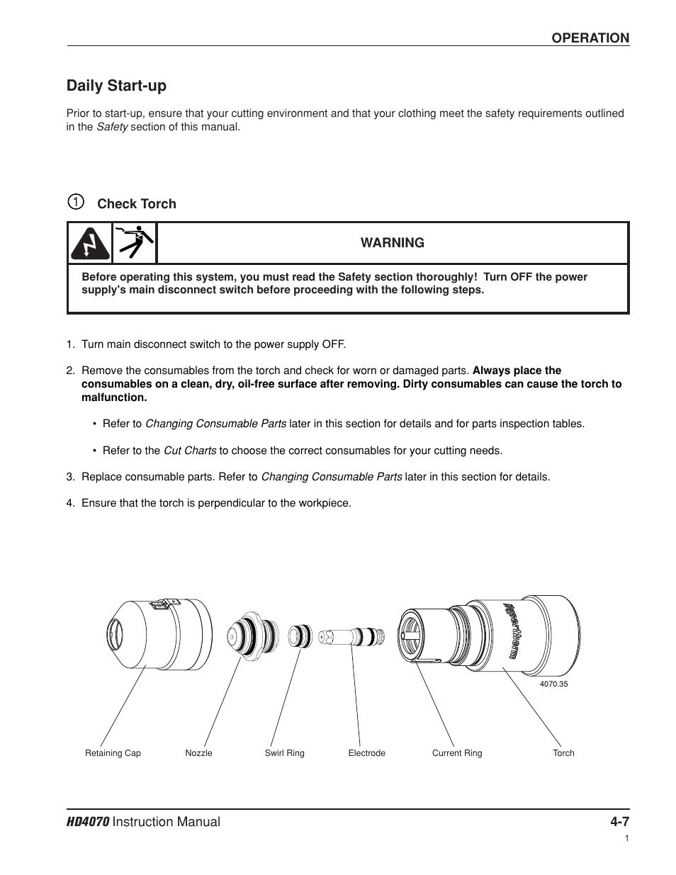Daily start-up -7, Check torch -7, Daily start-up | Hypertherm HD4070 Rev.8 User Manual | Page 117 / 278