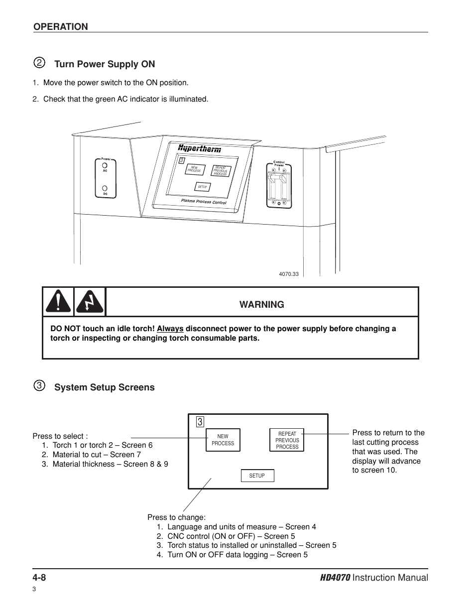 Turn power supply on -8 system setup screens -8, Operation, Turn power supply on | System setup screens 3, Warning | Hypertherm HD4070 Rev.8 User Manual | Page 118 / 278