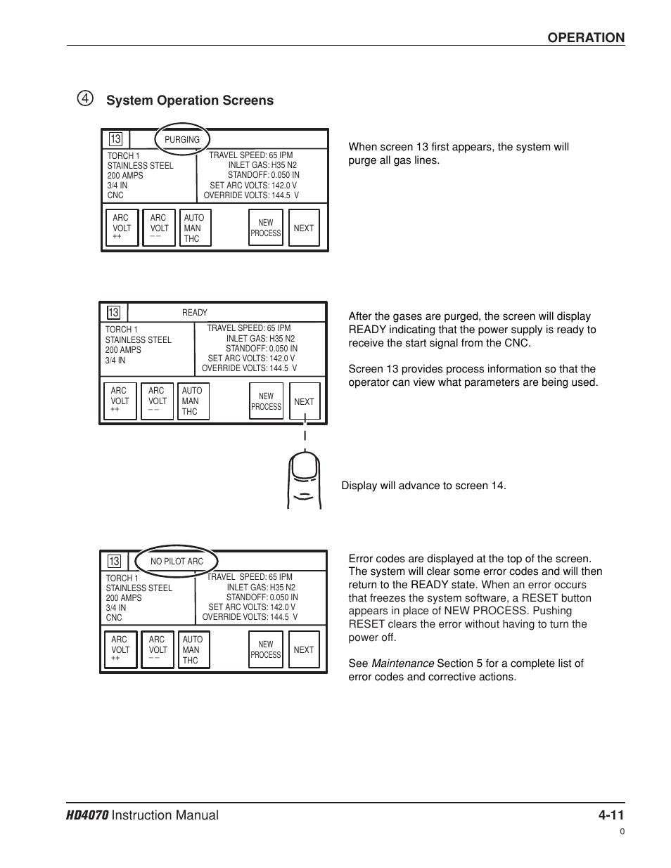 System operation screens -11, Operation, System operation screens 4 | Hypertherm HD4070 Rev.8 User Manual | Page 121 / 278