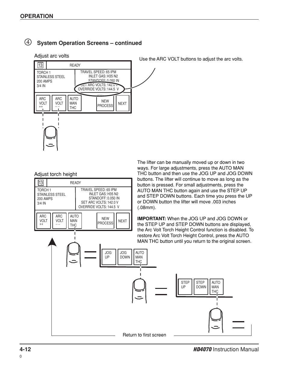Operation, System operation screens – continued 4, Adjust arc volts adjust torch height | Hypertherm HD4070 Rev.8 User Manual | Page 122 / 278