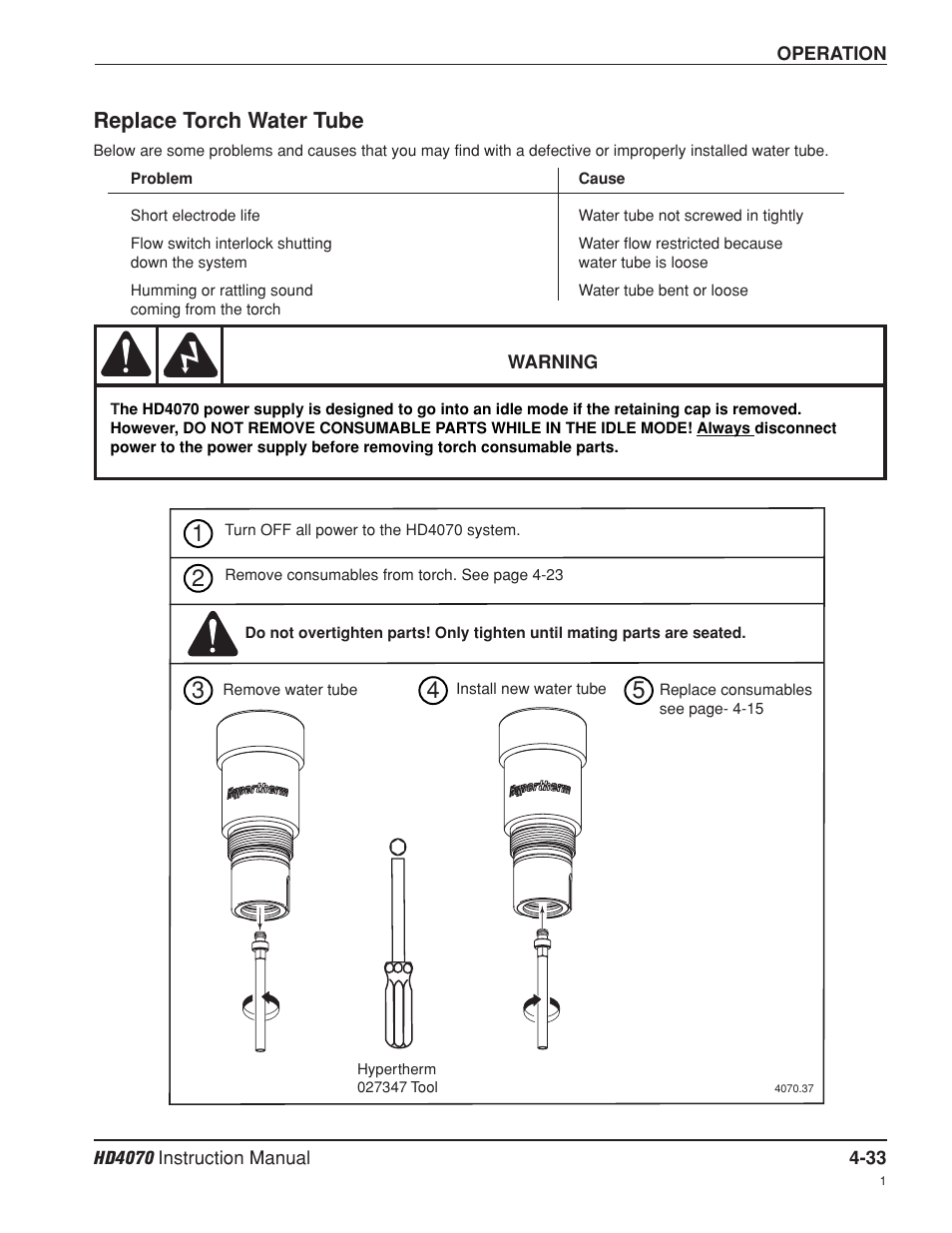 Replace torch water tube -33, Replace torch water tube | Hypertherm HD4070 Rev.8 User Manual | Page 143 / 278