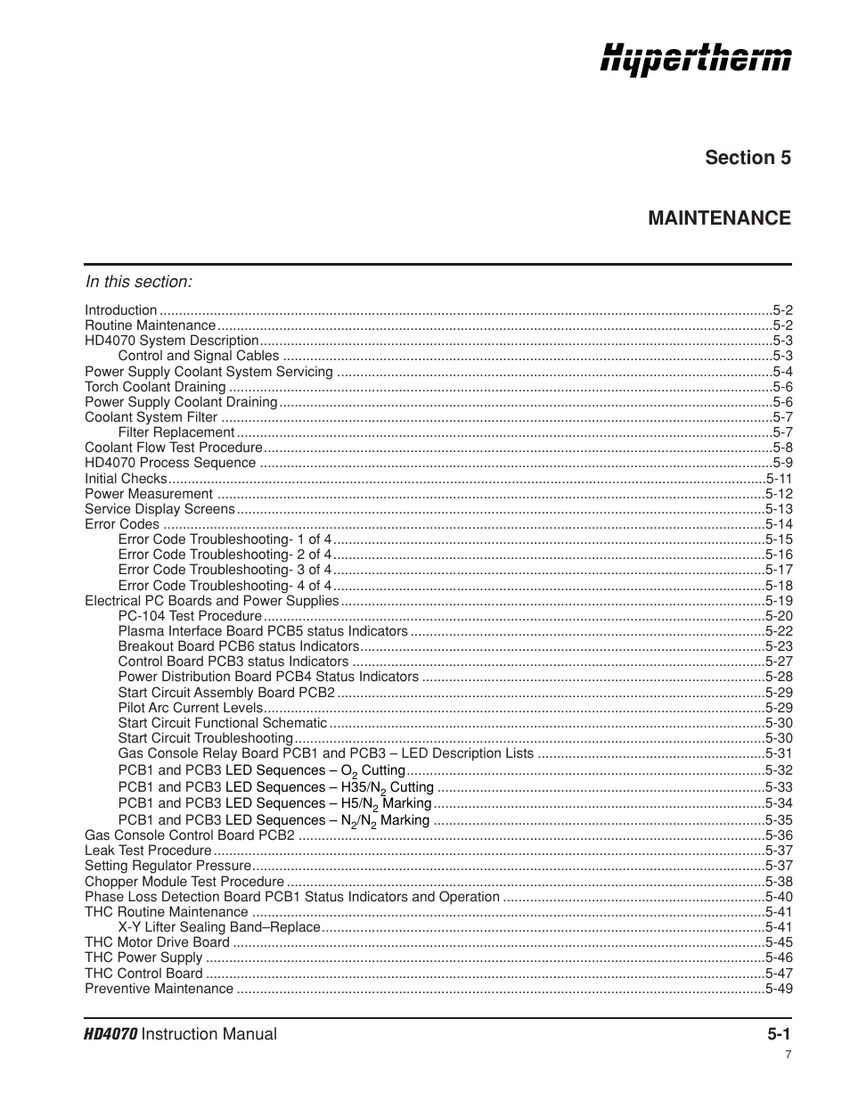 Section 5 maintenance, Section 5, Maintenance -1 | Hypertherm HD4070 Rev.8 User Manual | Page 148 / 278