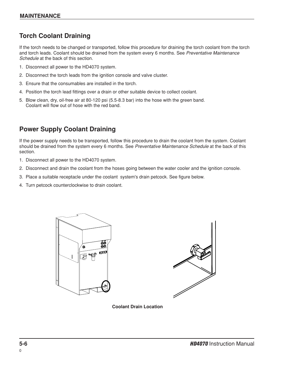 Torch coolant draining, Power supply coolant draining | Hypertherm HD4070 Rev.8 User Manual | Page 153 / 278