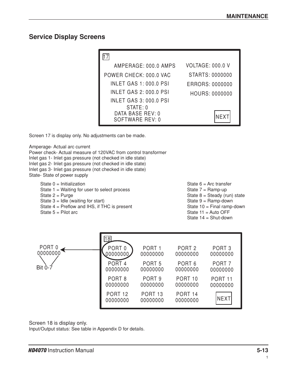Service display screens -13, Service display screens | Hypertherm HD4070 Rev.8 User Manual | Page 160 / 278