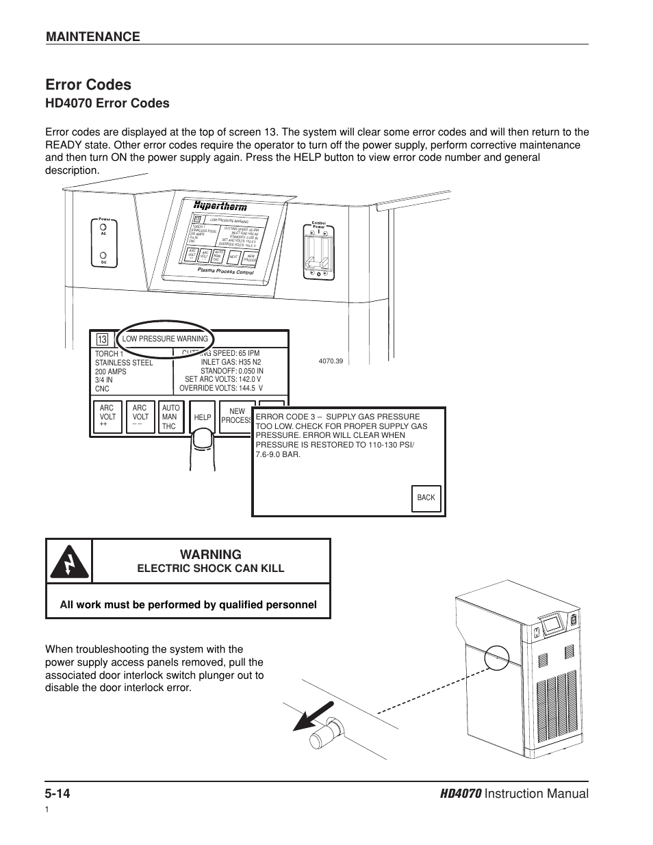 Error codes -14, Error codes, Hd4070 error codes | Warning | Hypertherm HD4070 Rev.8 User Manual | Page 161 / 278