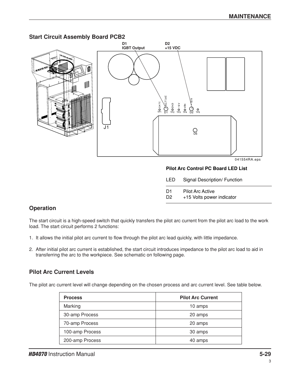 Start circuit assembly board pcb2 operation, Pilot arc current levels | Hypertherm HD4070 Rev.8 User Manual | Page 176 / 278