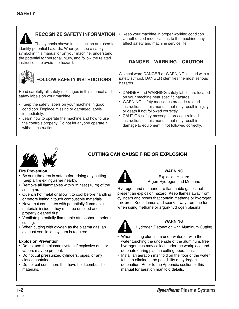 Recognize safety information -2, Follow safety instructions -2, Cutting can cause fire or explosion -2 | Hypertherm HD4070 Rev.8 User Manual | Page 18 / 278