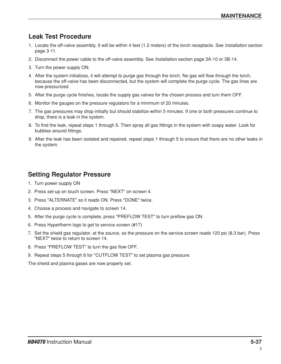 Leak test procedure, Setting regulator pressure | Hypertherm HD4070 Rev.8 User Manual | Page 184 / 278