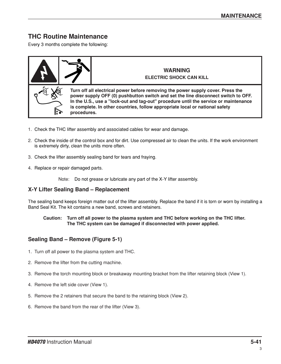 Thc routine maintenance -41, X-y lifter sealing band–replace -41, Thc routine maintenance | Hypertherm HD4070 Rev.8 User Manual | Page 188 / 278