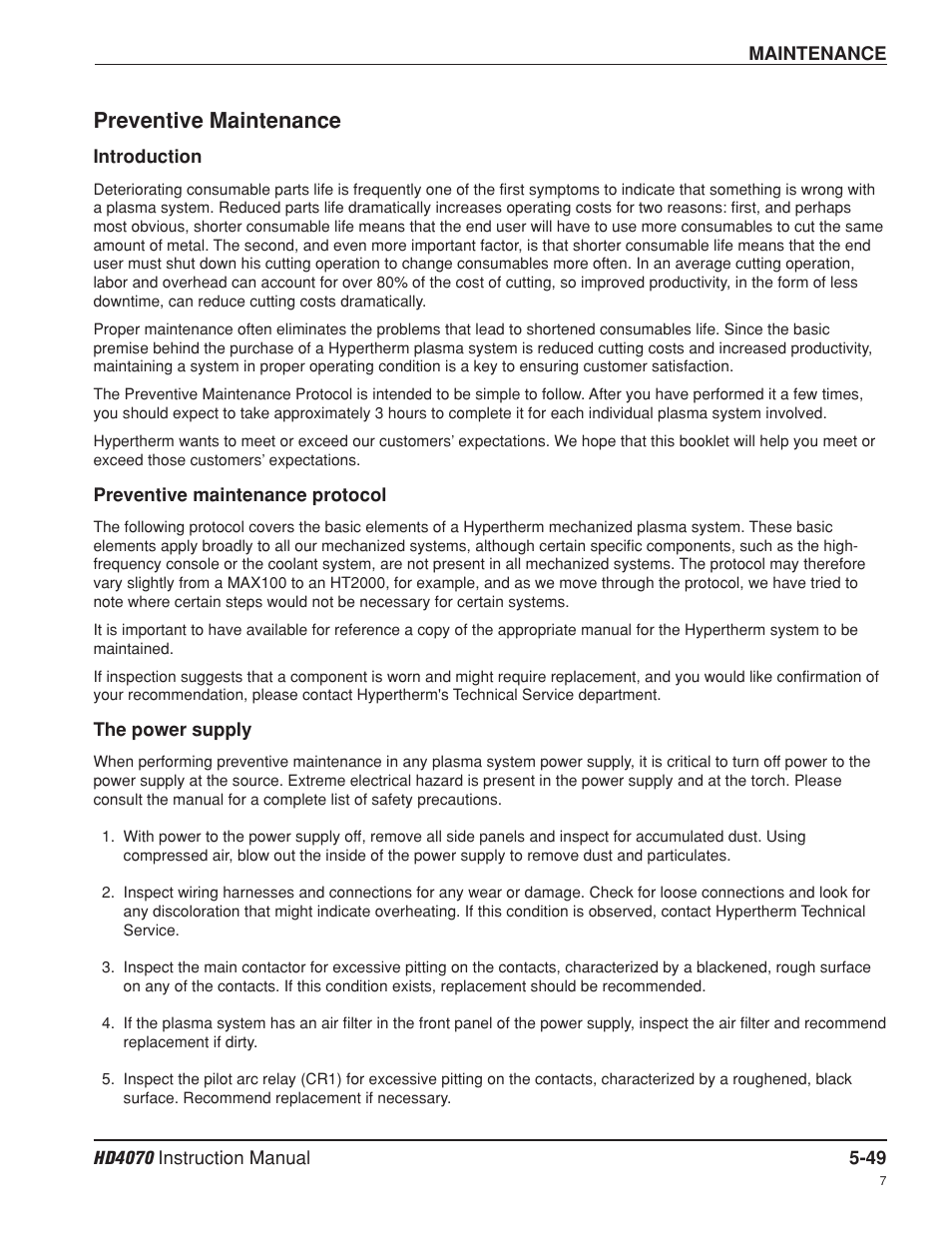 Preventive maintenance -49, Preventive maintenance | Hypertherm HD4070 Rev.8 User Manual | Page 196 / 278