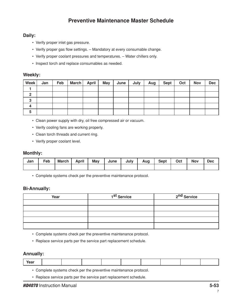 Preventive maintenance master schedule | Hypertherm HD4070 Rev.8 User Manual | Page 200 / 278