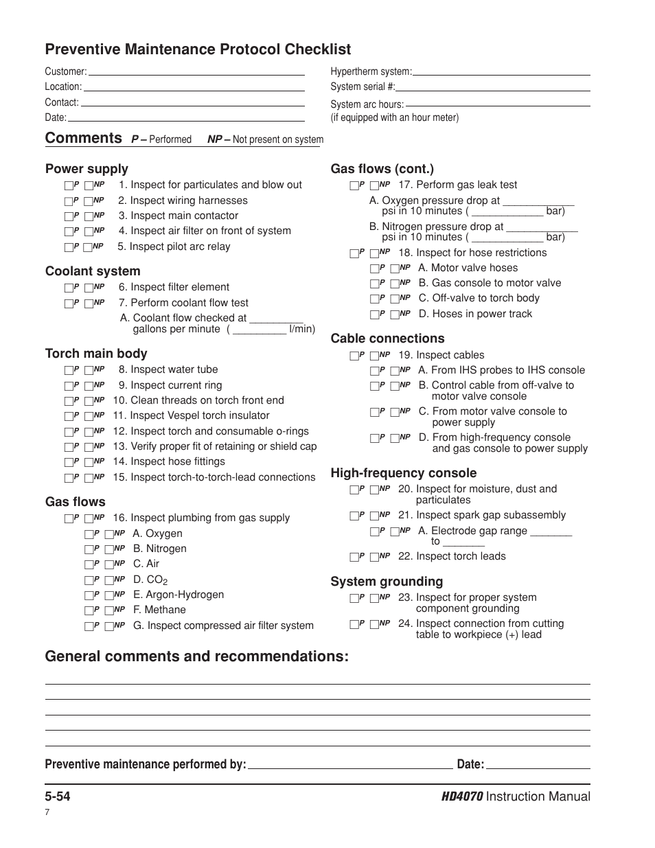 Preventive maintenance protocol checklist, Comments, General comments and recommendations | Gas flows (cont.), Cable connections, High-frequency console, System grounding, Power supply, Coolant system, Torch main body | Hypertherm HD4070 Rev.8 User Manual | Page 201 / 278