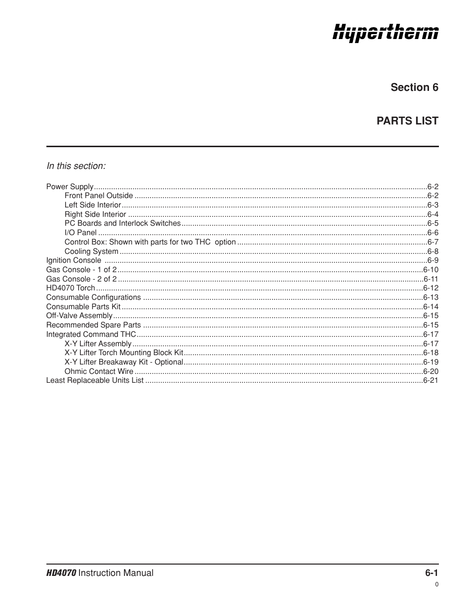 Section 6 parts list, Section 6, Parts list -1 | Hypertherm HD4070 Rev.8 User Manual | Page 204 / 278