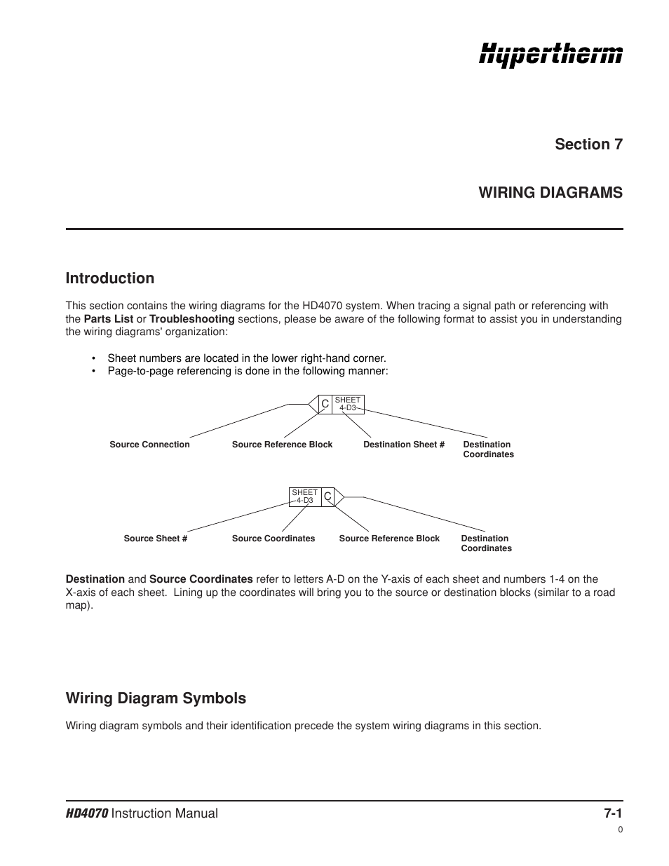 Section 7 wiring diagrams, Section 7, Wiring diagrams -1 | Introduction -1, Wiring diagram symbols | Hypertherm HD4070 Rev.8 User Manual | Page 230 / 278