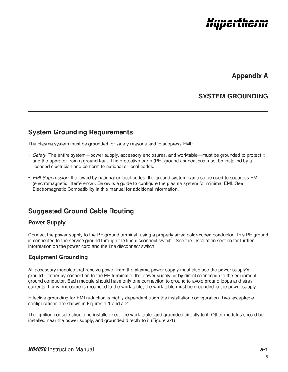 Appendix a system grounding, System grounding requirements, Suggested ground cable routing | Hypertherm HD4070 Rev.8 User Manual | Page 247 / 278