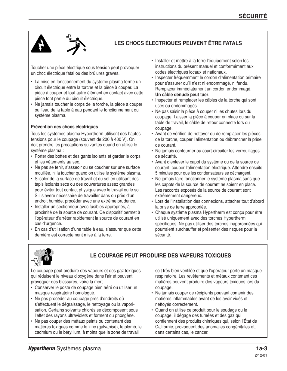Les chocs électriques peuvent être fatals a-3, Prévention des chocs électriques a-3 | Hypertherm HD4070 Rev.8 User Manual | Page 25 / 278