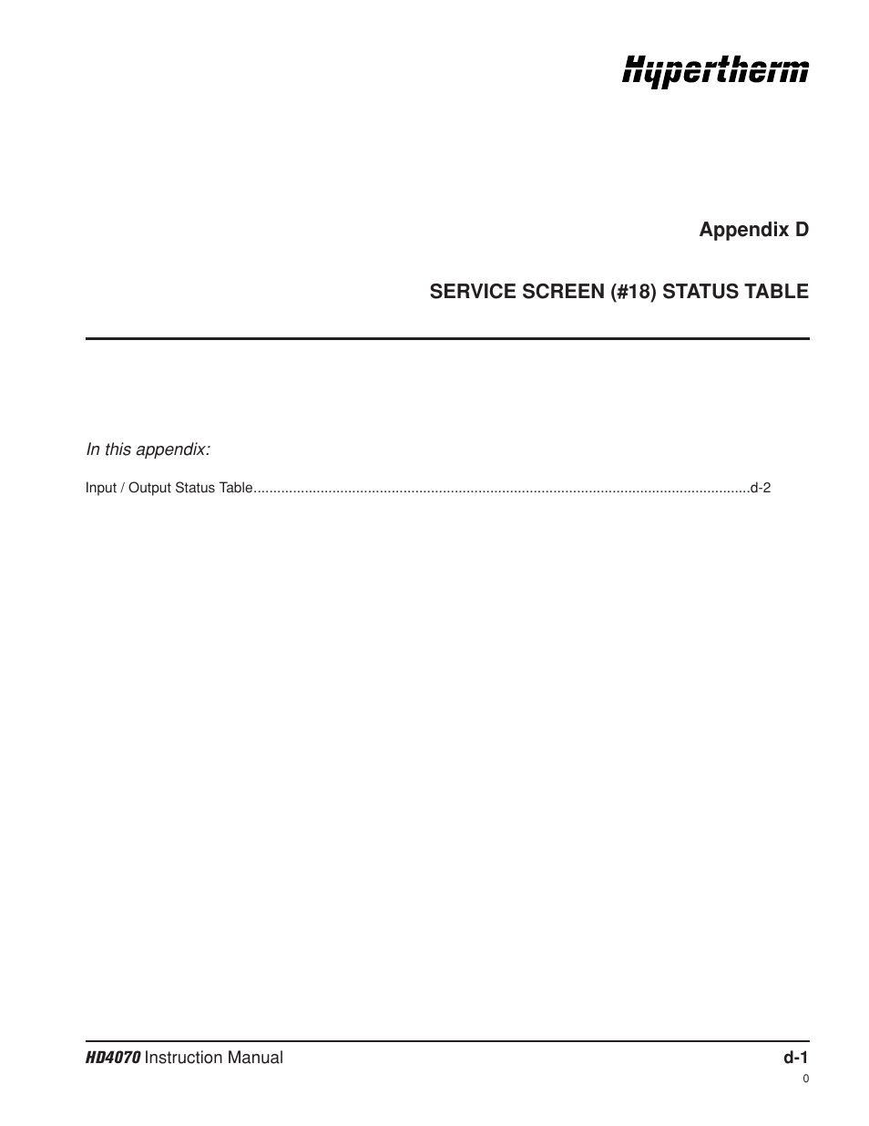 Appendix d service screen (#18) status table | Hypertherm HD4070 Rev.8 User Manual | Page 263 / 278