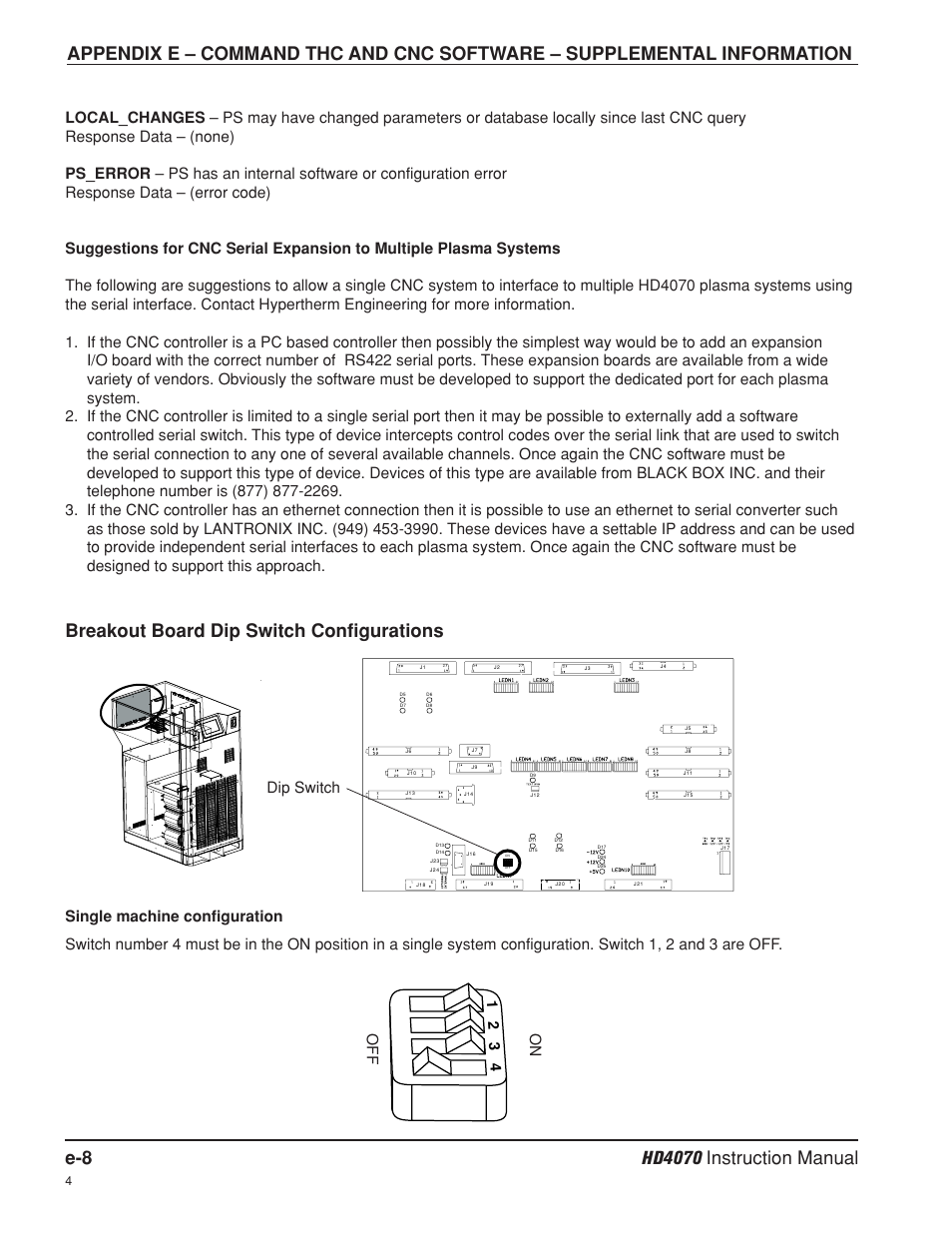 Breakout board dip switch configurations, Dip switch | Hypertherm HD4070 Rev.8 User Manual | Page 272 / 278
