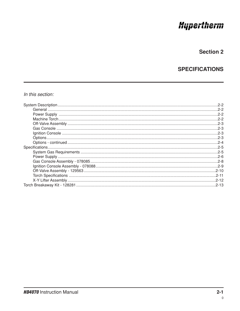 Section 2 specifications, Section 2, Specifications -1 | Hypertherm HD4070 Rev.8 User Manual | Page 29 / 278