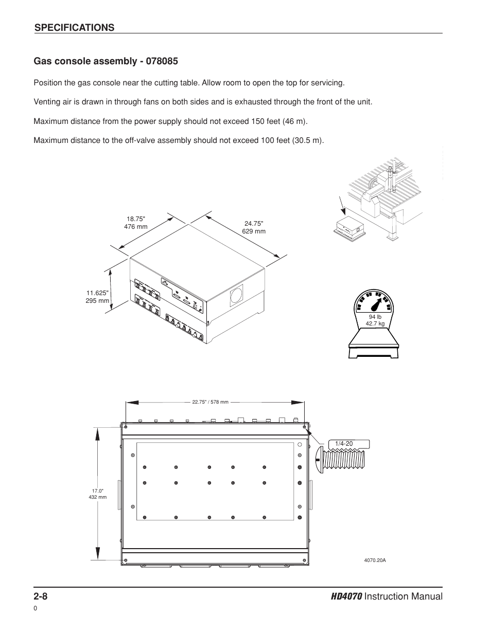 Gas console assembly - 078085 -8, Specifications | Hypertherm HD4070 Rev.8 User Manual | Page 36 / 278