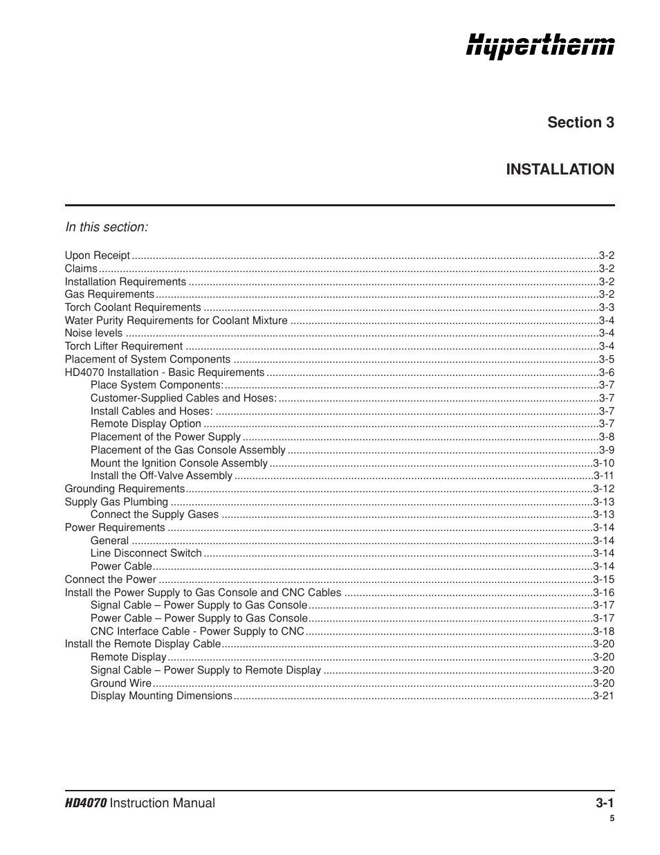 Section 3 installation, Section 3, Installation -1 | Hypertherm HD4070 Rev.8 User Manual | Page 42 / 278