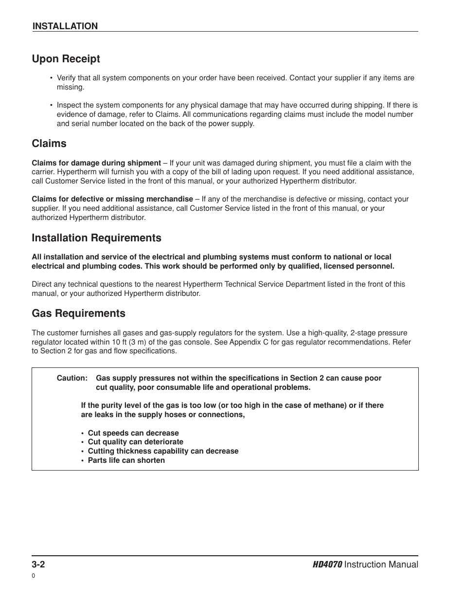 Upon receipt, Claims, Installation requirements | Gas requirements | Hypertherm HD4070 Rev.8 User Manual | Page 43 / 278