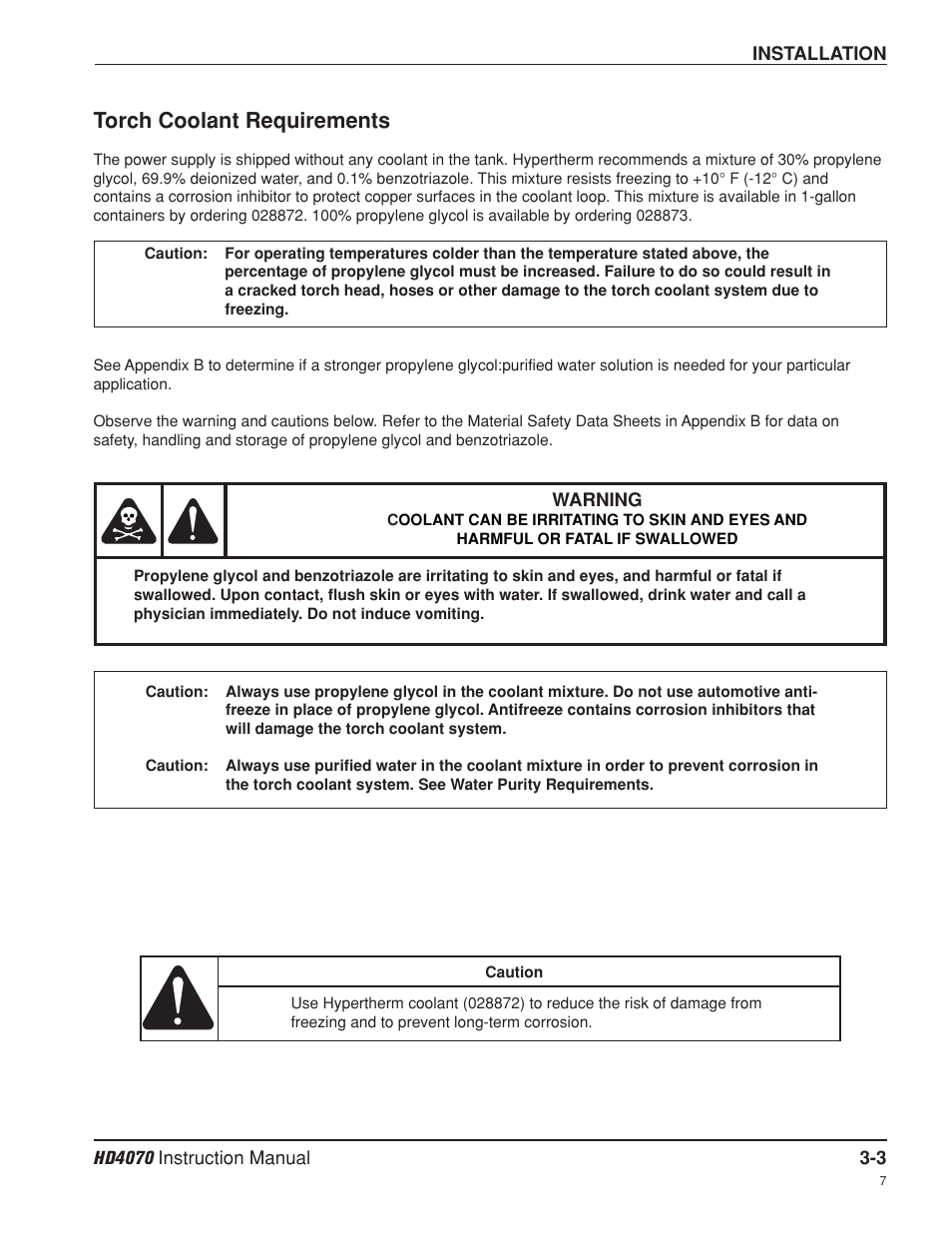 Torch coolant requirements -3, Torch coolant requirements | Hypertherm HD4070 Rev.8 User Manual | Page 44 / 278