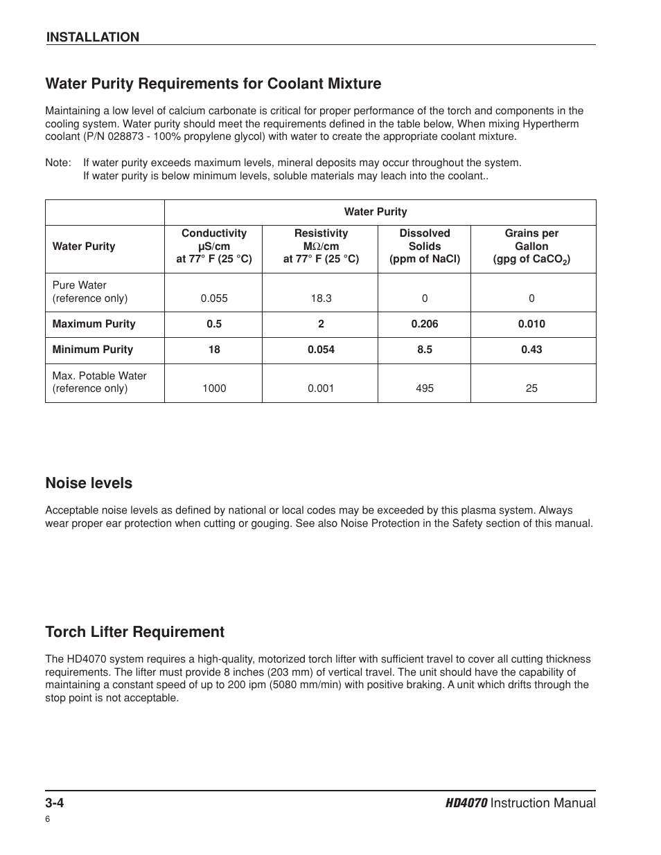 Noise levels, Torch lifter requirement, Water purity requirements for coolant mixture | Hypertherm HD4070 Rev.8 User Manual | Page 45 / 278