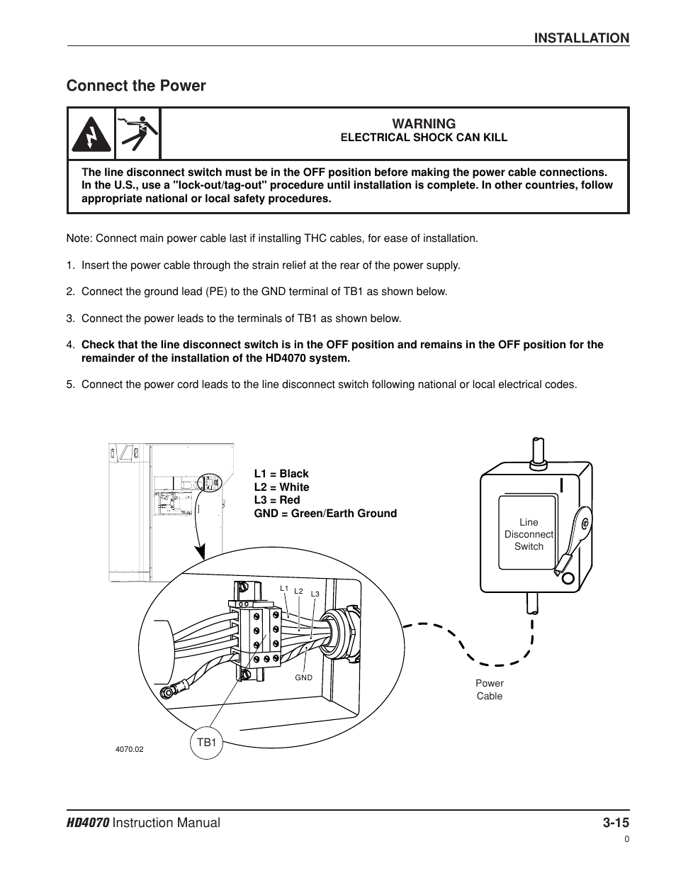 Connect the power -15, Connect the power | Hypertherm HD4070 Rev.8 User Manual | Page 56 / 278