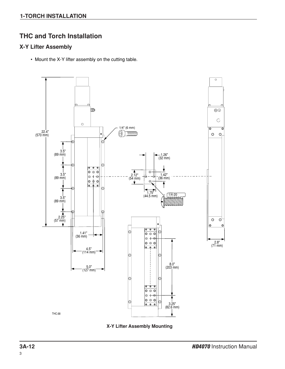 Thc and torch installation a-12, X-y lifter assembly a-12, Thc and torch installation | Torch installation, X-y lifter assembly | Hypertherm HD4070 Rev.8 User Manual | Page 74 / 278