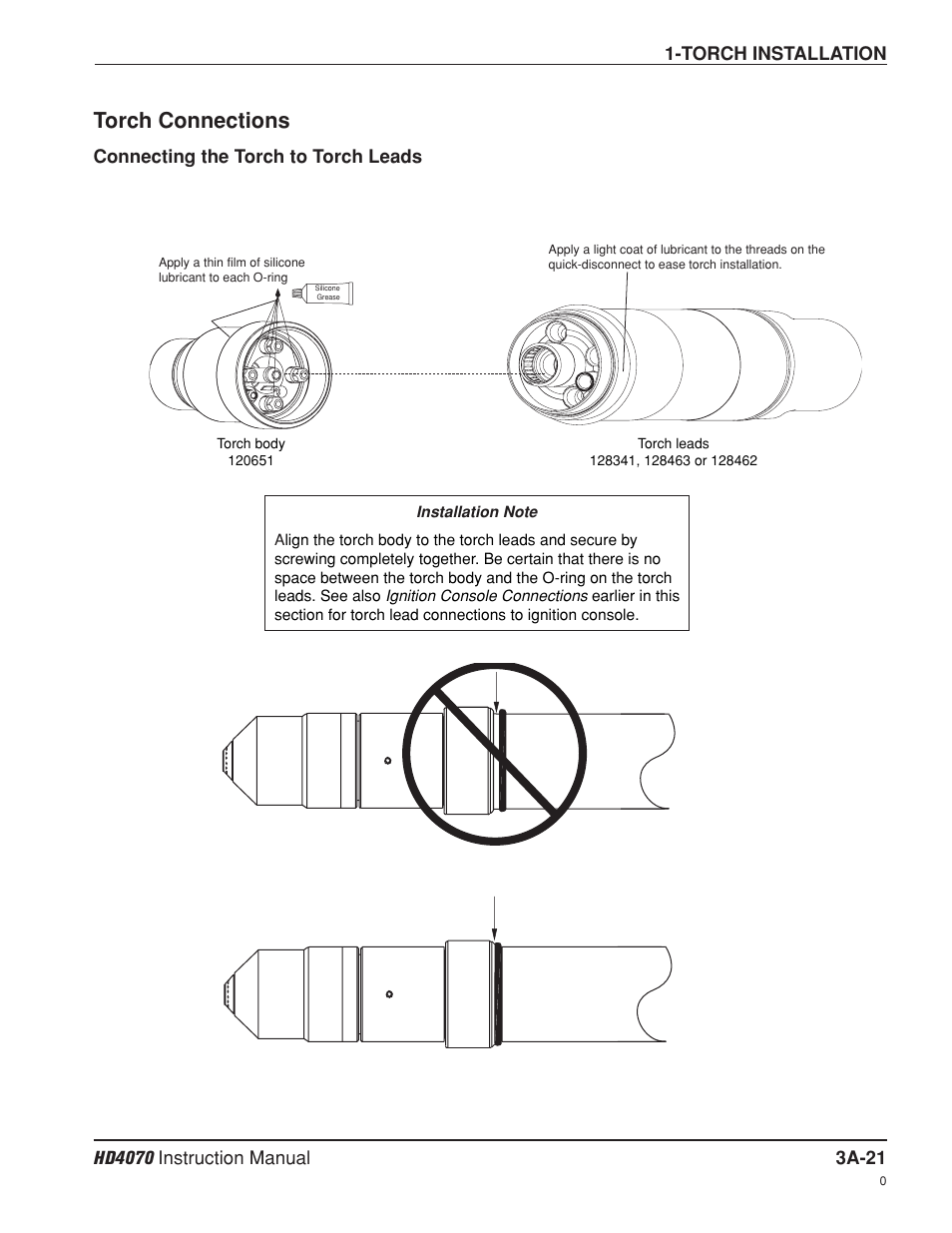 Torch connections a-21, Connecting the torch to torch leads a-21, Torch connections | Hypertherm HD4070 Rev.8 User Manual | Page 83 / 278