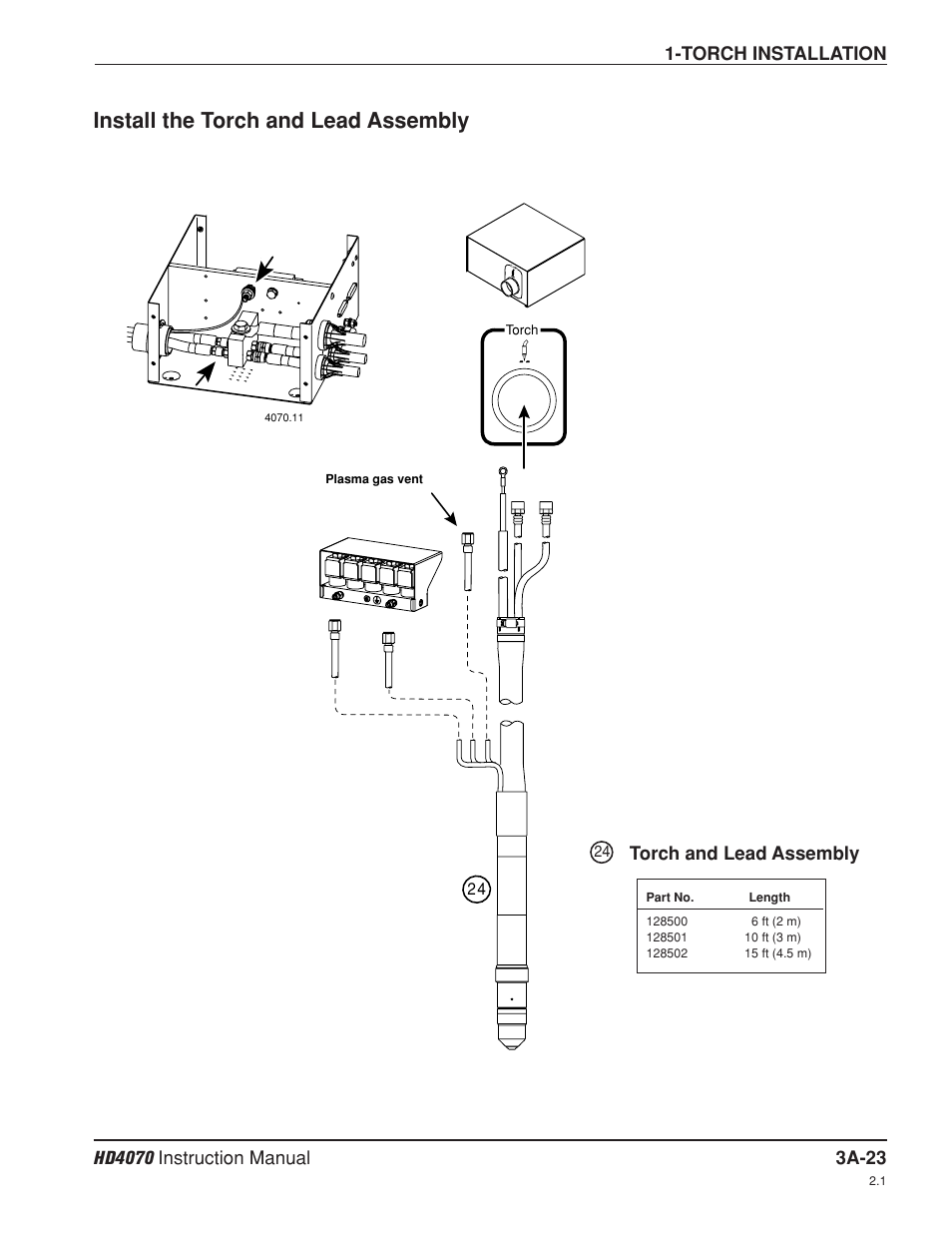 Install the torch and lead assembly a-23, Torch and lead assembly a-23, Install the torch and lead assembly | Torch installation, Torch and lead assembly | Hypertherm HD4070 Rev.8 User Manual | Page 85 / 278