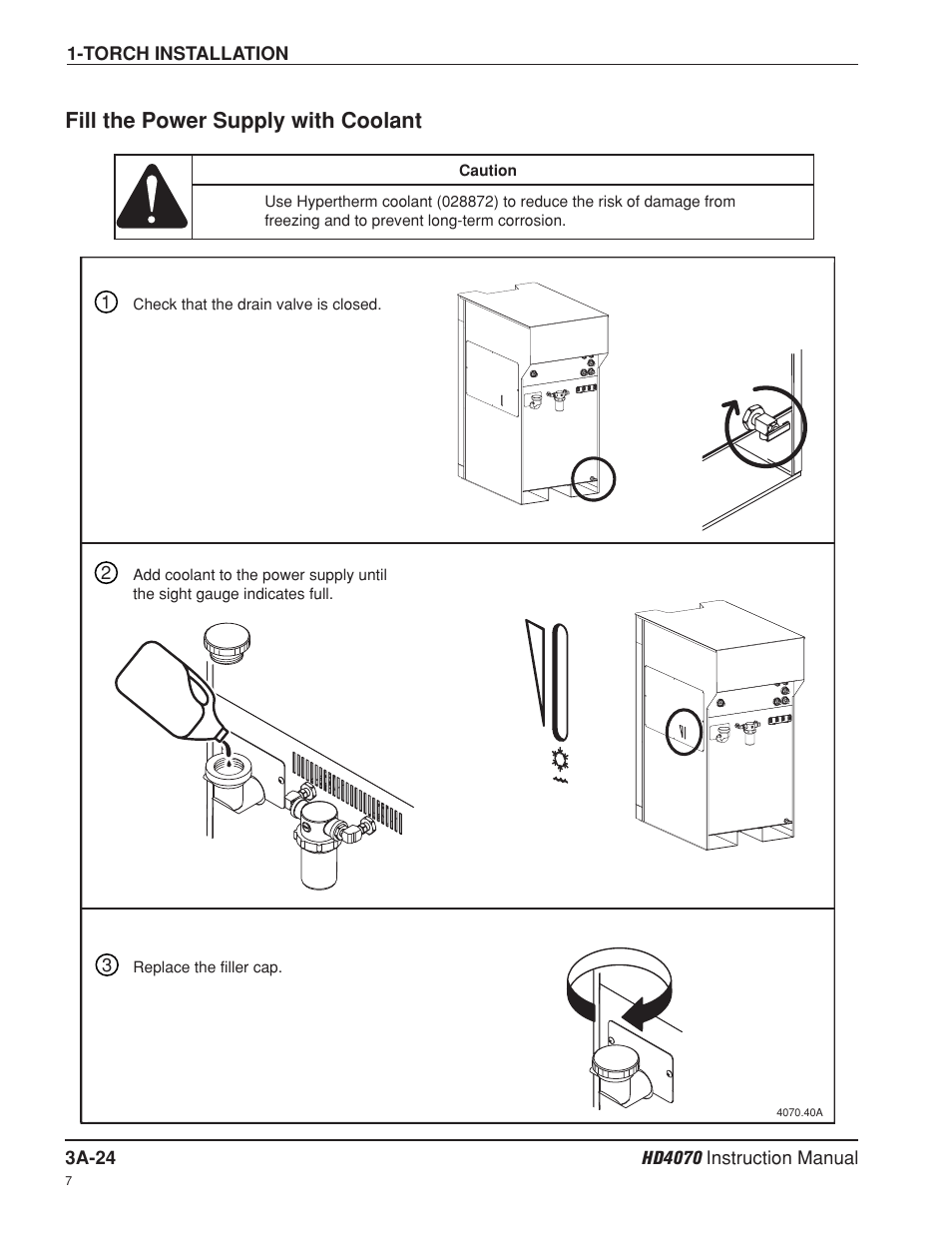 Fill the power supply with coolant a-24, Fill the power supply with coolant | Hypertherm HD4070 Rev.8 User Manual | Page 86 / 278