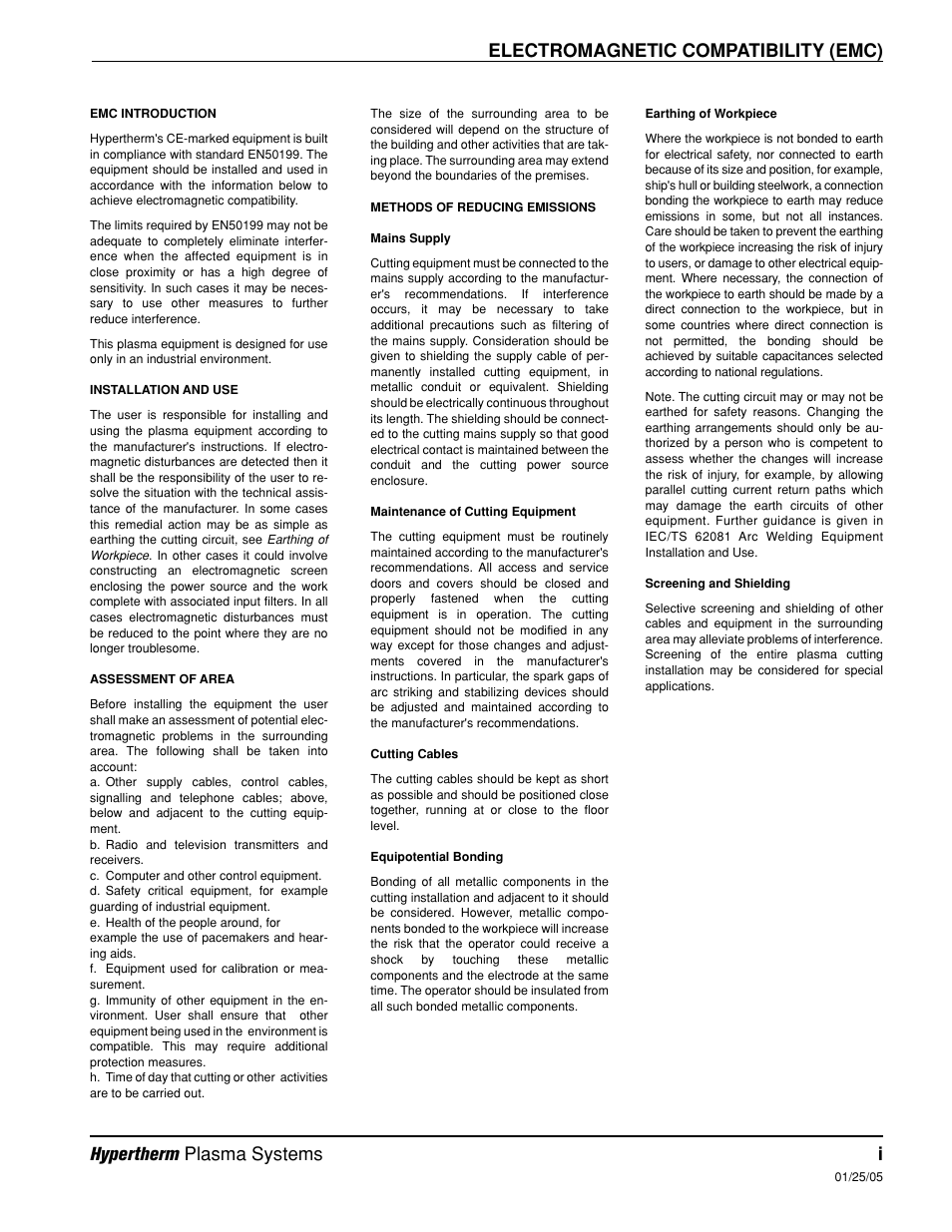 Electromagnetic compatibility (emc), Hypertherm plasma systems i | Hypertherm HD4070 Rev.8 User Manual | Page 9 / 278