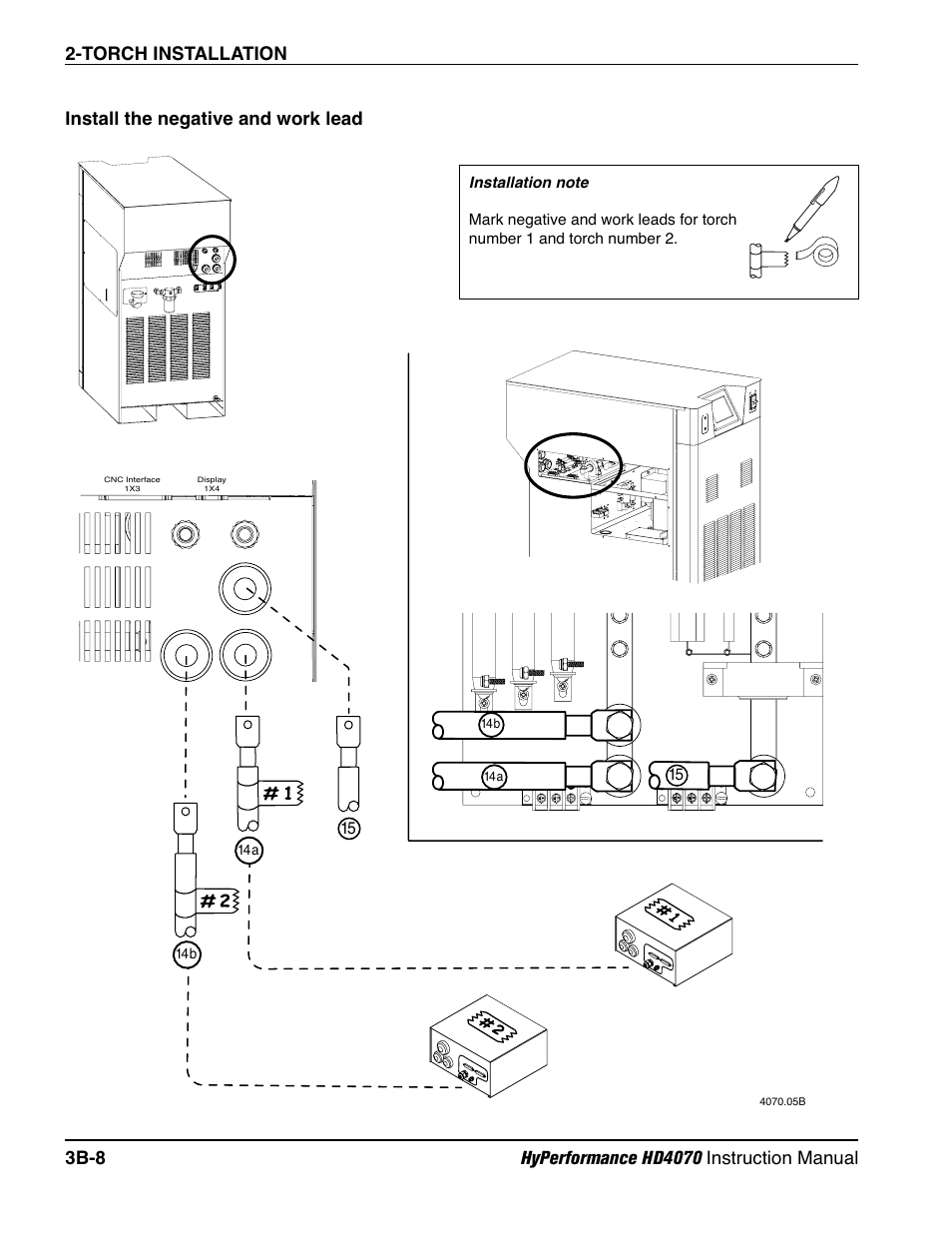 Install the negative and work leads b-8, Install the negative and work lead | Hypertherm HD4070 Rev.1 User Manual | Page 108 / 288