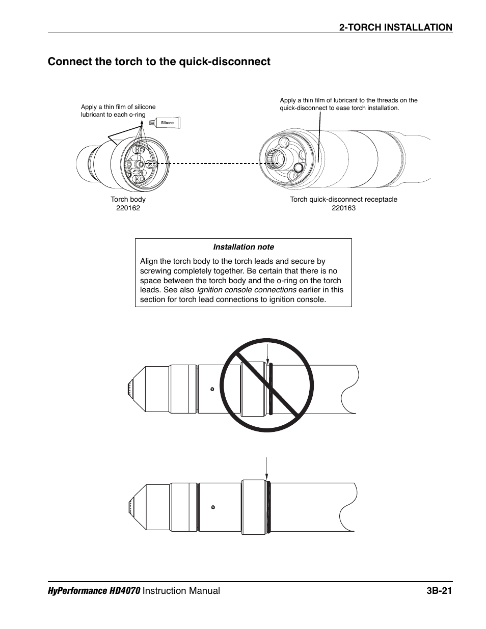 Connecting the torch to the quick disconnect b-21, Connect the torch to the quick-disconnect | Hypertherm HD4070 Rev.1 User Manual | Page 121 / 288