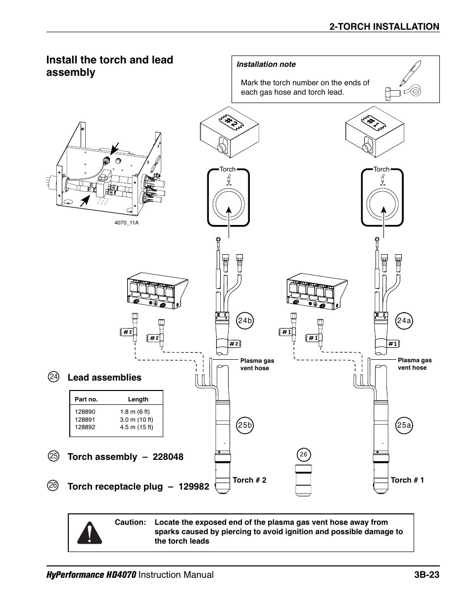 Install the torch and lead assembly b-23, Torch and lead assembly b-23, Install the torch and lead assembly | Hypertherm HD4070 Rev.1 User Manual | Page 123 / 288