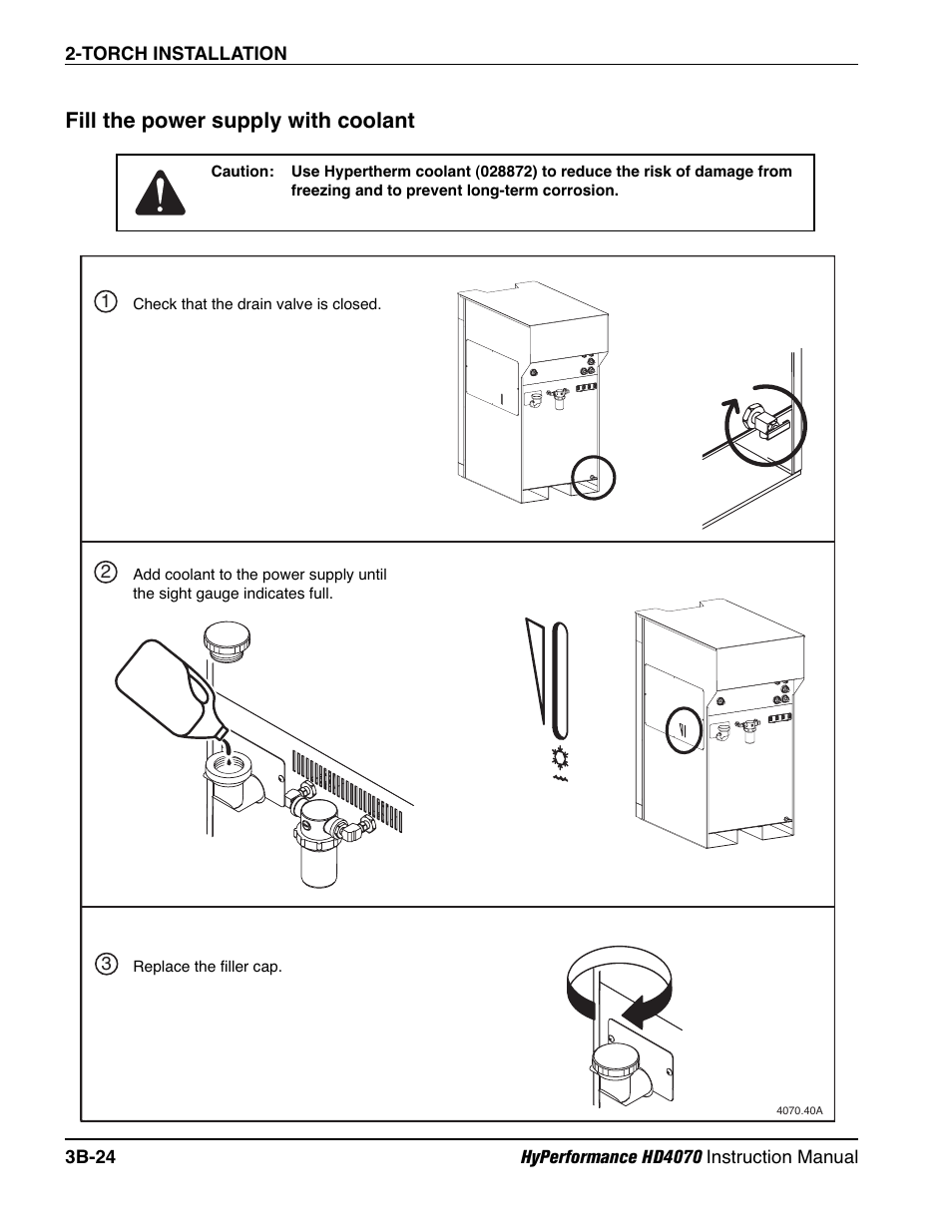 Fill the power supply with coolant b-24, Fill the power supply with coolant | Hypertherm HD4070 Rev.1 User Manual | Page 124 / 288