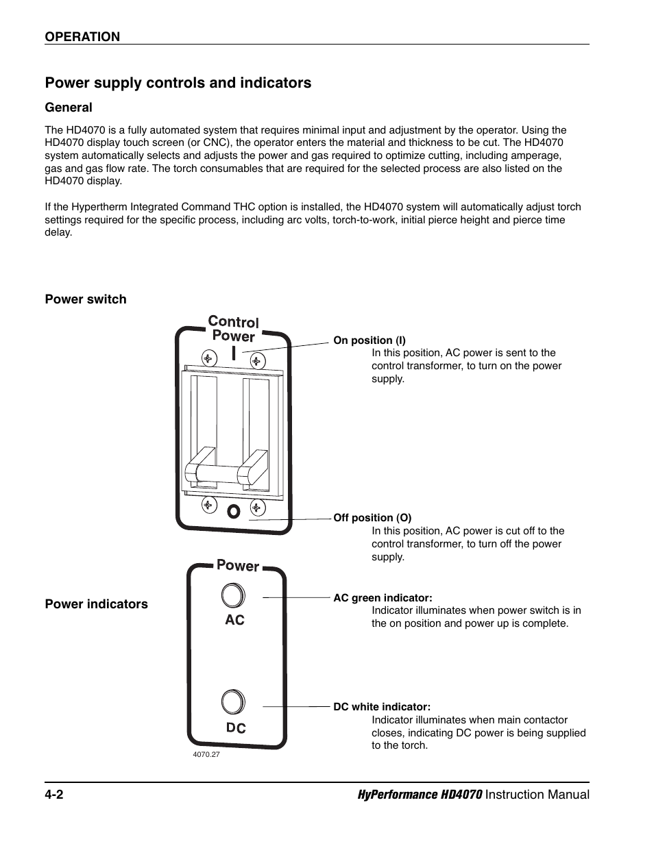 Power supply controls and indicators -2, General -2, Power switch -2 | Power indicators -2, General -2 power switch -2 power indicators -2, Power supply controls and indicators | Hypertherm HD4070 Rev.1 User Manual | Page 127 / 288