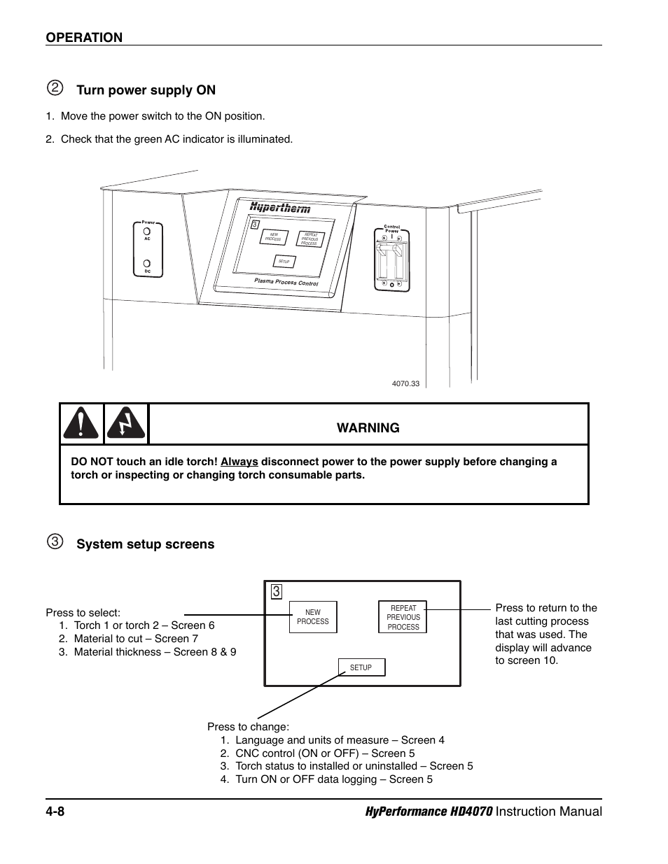 Turn power supply on -8, System setup screens -8, Turn power supply on -8 system setup screens -8 | Turn power supply on, System setup screens 3, Warning | Hypertherm HD4070 Rev.1 User Manual | Page 133 / 288
