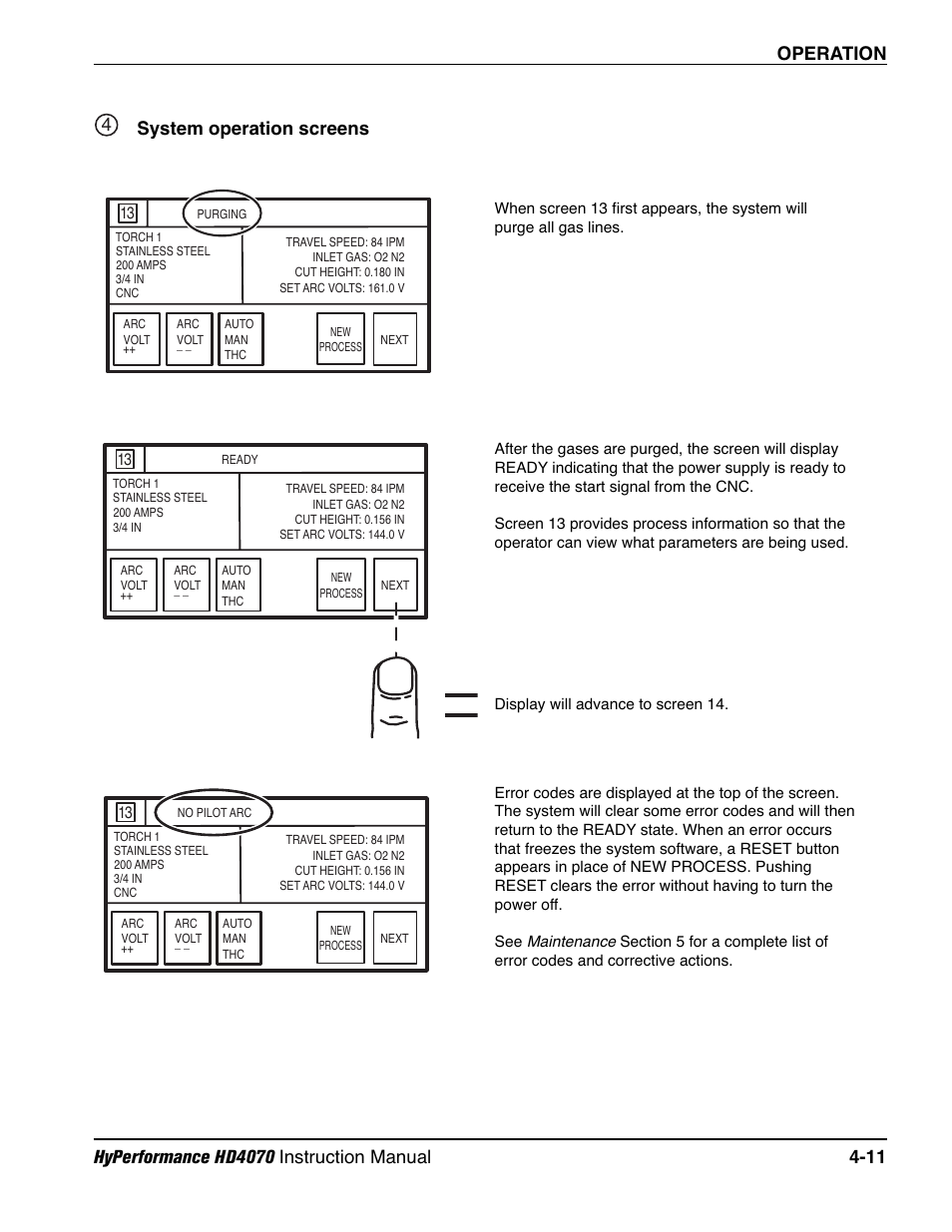 System operation screens -11, System operation screens 4 | Hypertherm HD4070 Rev.1 User Manual | Page 136 / 288