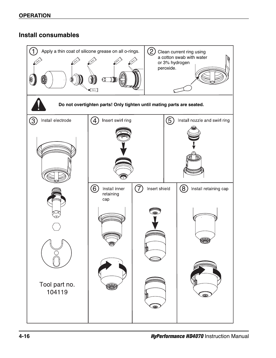 Install consumables -16, Install consumables | Hypertherm HD4070 Rev.1 User Manual | Page 141 / 288