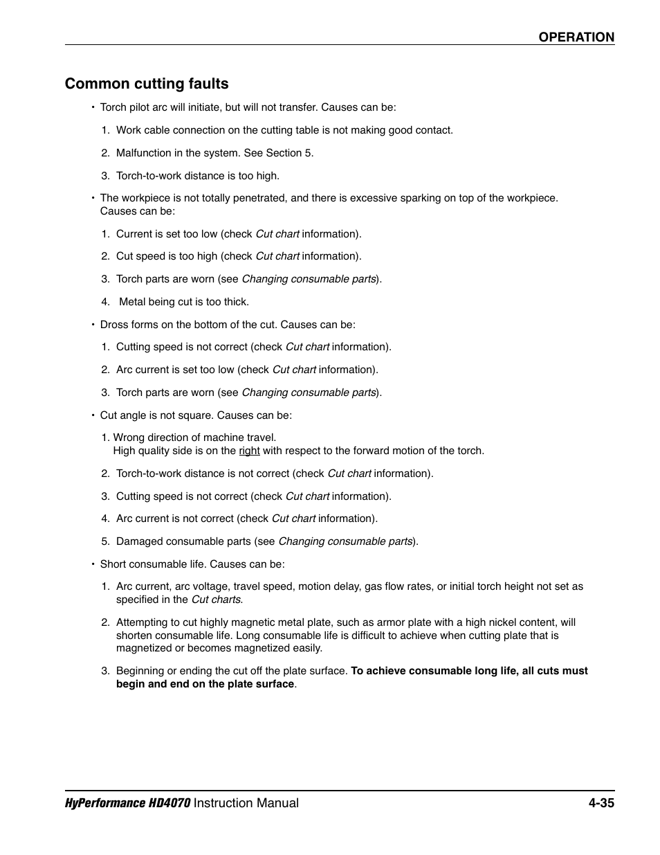 Common cutting faults -35, Common cutting faults | Hypertherm HD4070 Rev.1 User Manual | Page 160 / 288