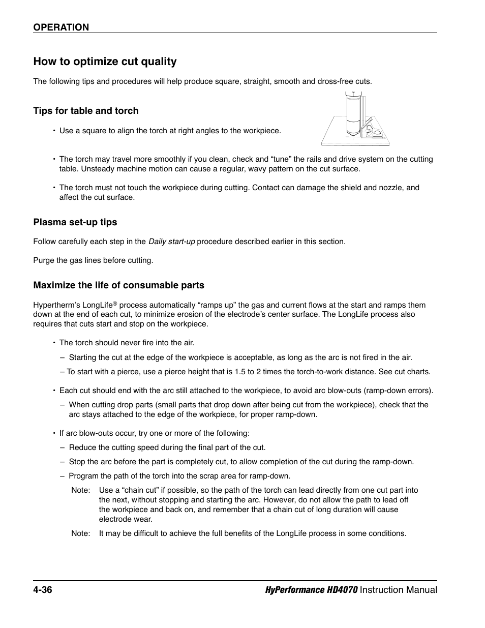 How to optimize cut quality -36, Tips for table and torch -36, Plasma set-up tips -36 | Maximize the life of consumable parts -36, How to optimize cut quality | Hypertherm HD4070 Rev.1 User Manual | Page 161 / 288