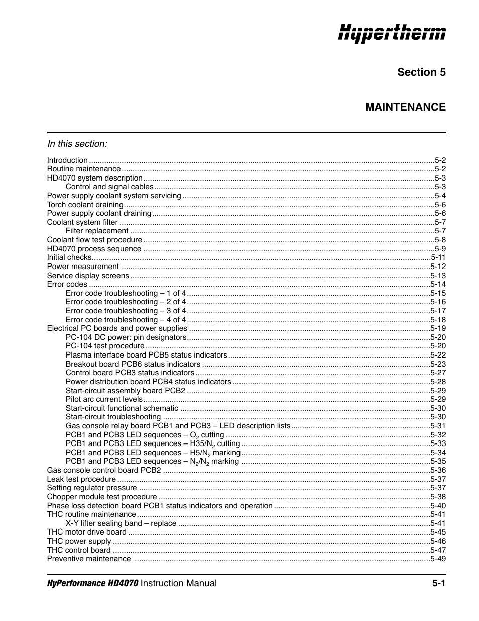 Section 5 maintenance, Section 5, Maintenance -1 | Hypertherm HD4070 Rev.1 User Manual | Page 164 / 288