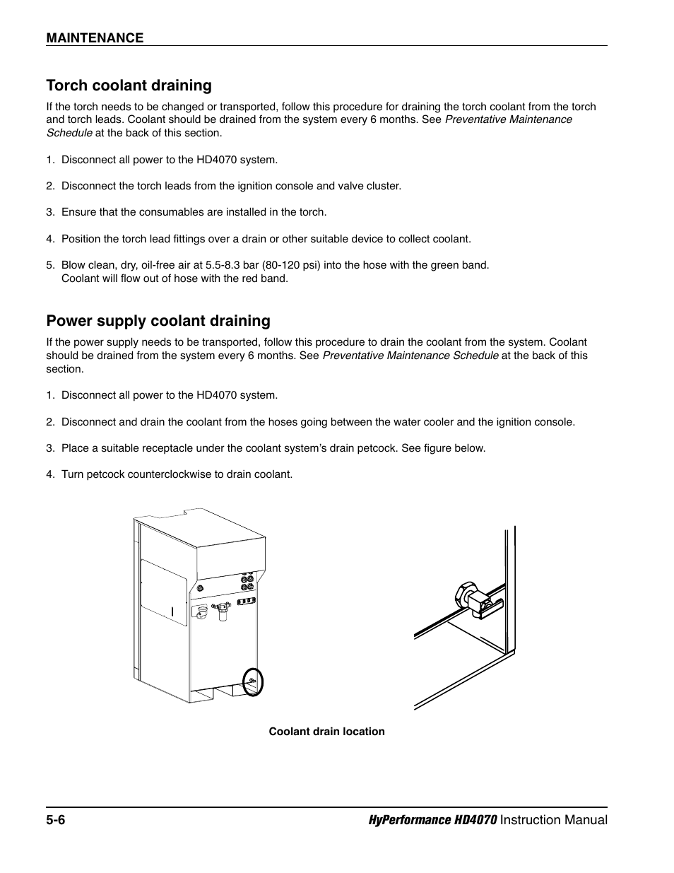 Torch coolant draining -6, Power supply coolant draining -6, Torch coolant draining | Power supply coolant draining | Hypertherm HD4070 Rev.1 User Manual | Page 169 / 288