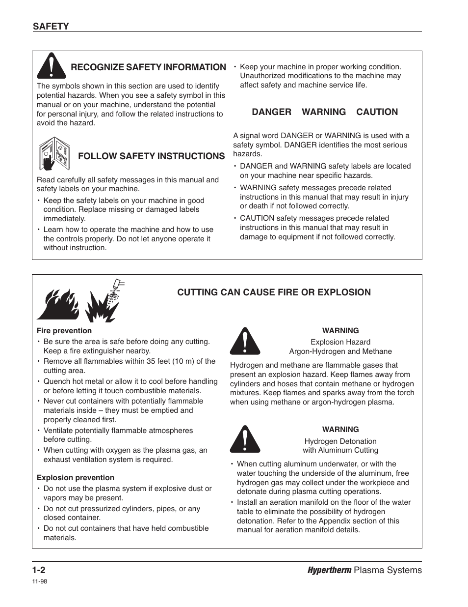 Recognize safety information -2, Follow safety instructions -2, Cutting can cause fire or explosion -2 | Hypertherm HD4070 Rev.1 User Manual | Page 17 / 288
