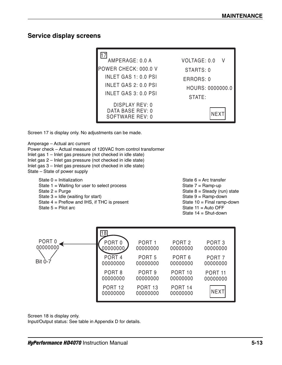 Service display screens -13, Service display screens | Hypertherm HD4070 Rev.1 User Manual | Page 176 / 288